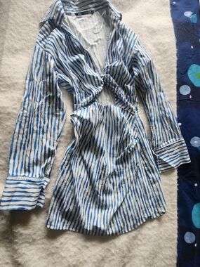 Zara Blue & White Striped Twist Front Shirt Dress